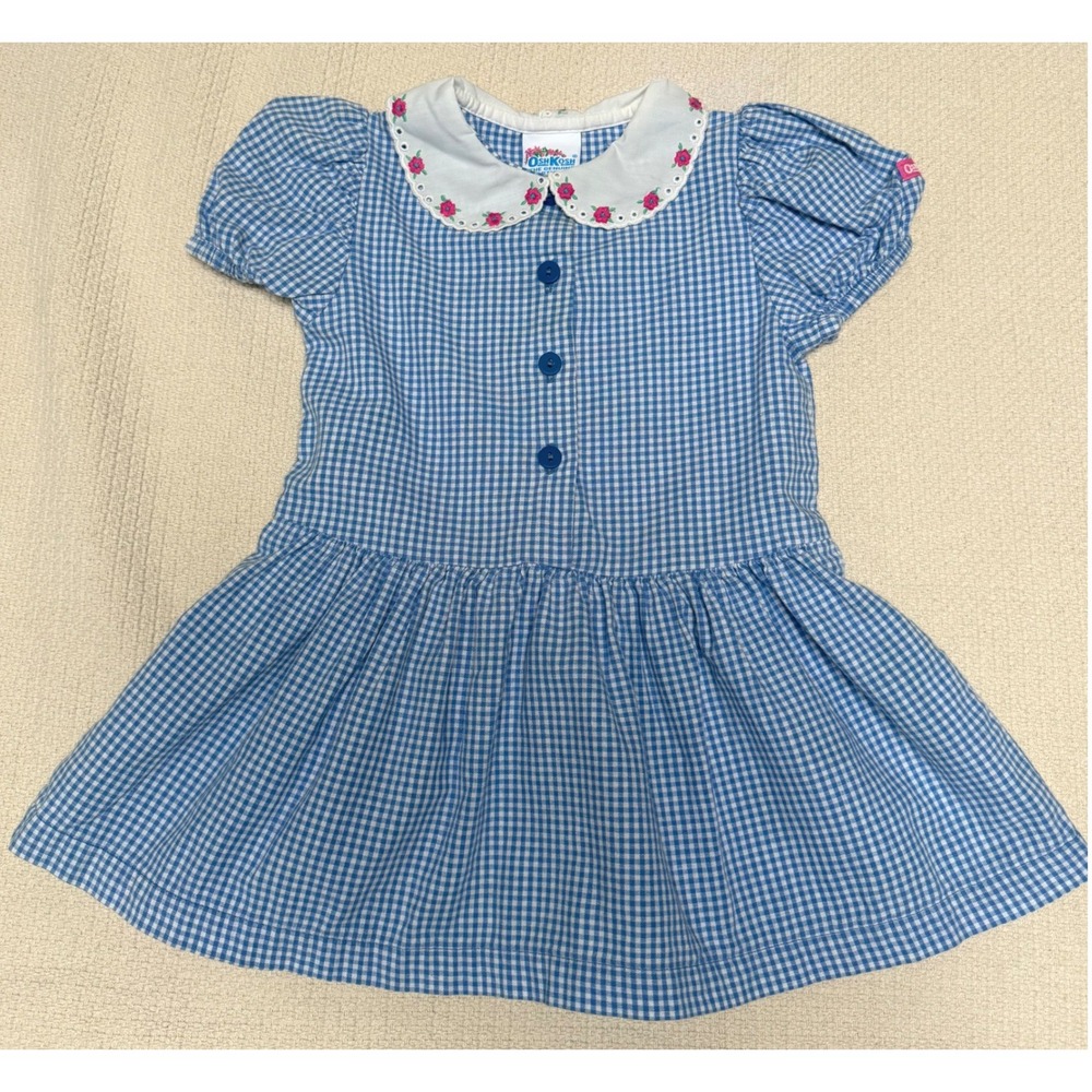 Vintage OshKosh Bgosh Blue Gingham Dress Embroidered Floral Collar USA Girls 2T